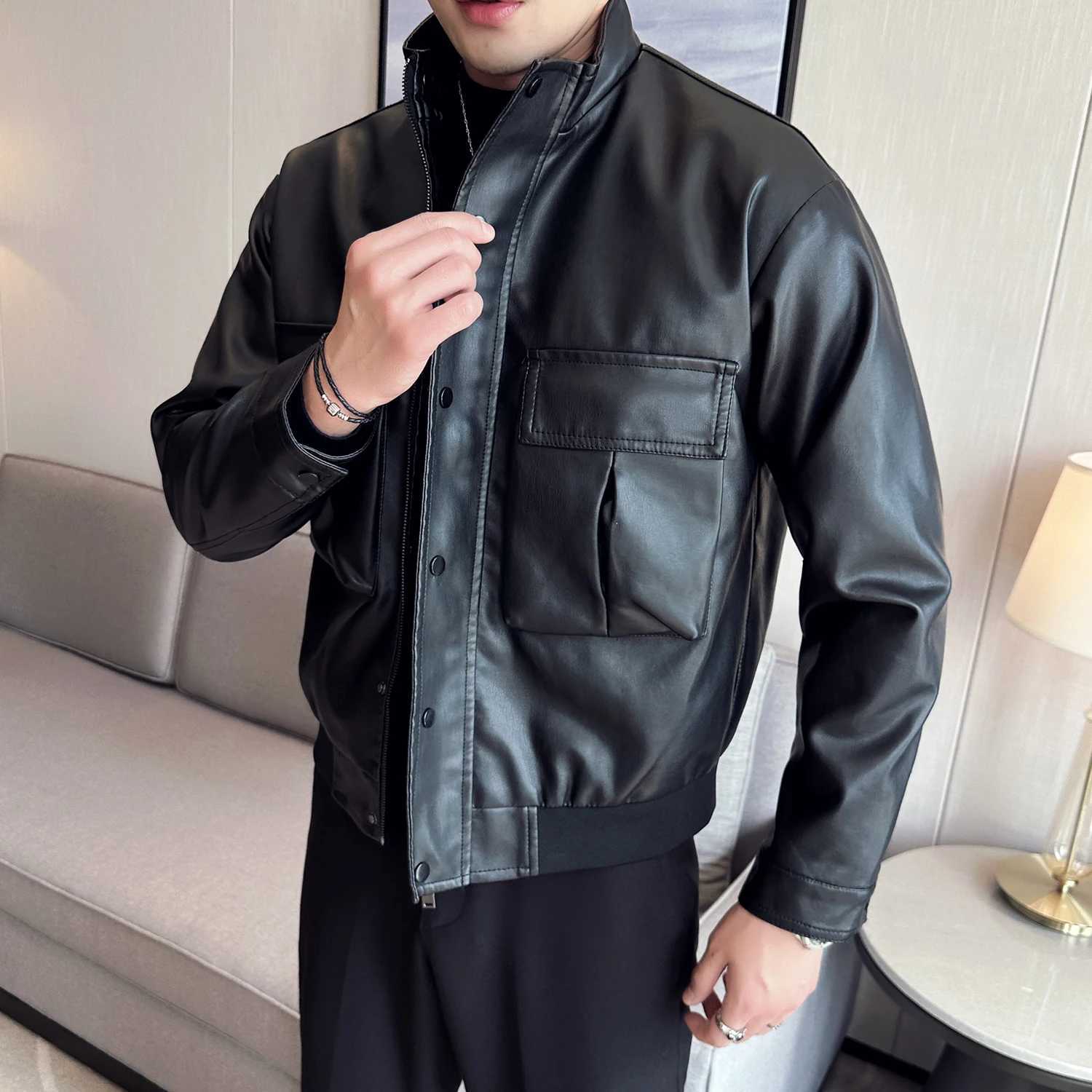 Spring Autumn Stand Collar Black Pu Leather Jackets Men Fashion Motorcycle Biker Coats Male Casual Moto leather Outerwear CoatsT250311