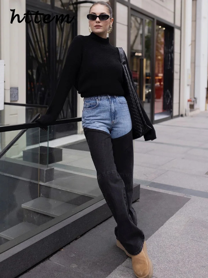 Street womens spliced straight jeans high waisted zipper pocket denim pants springsummer Y2k hiphop Trouser 250310