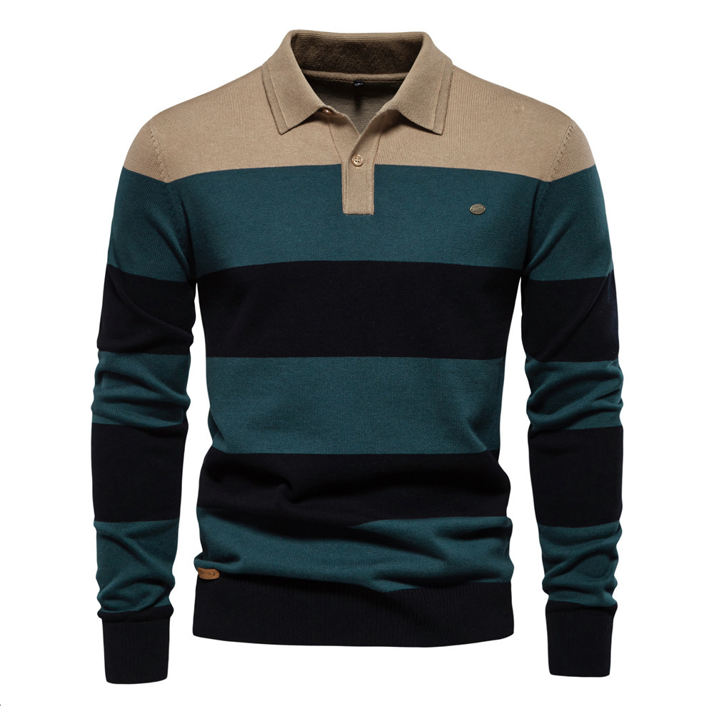 fashion Autumn New Long Sleeved POLO Collar Slim Fit Lapel Striped Patchwork Men's European Size Knitted Sweater