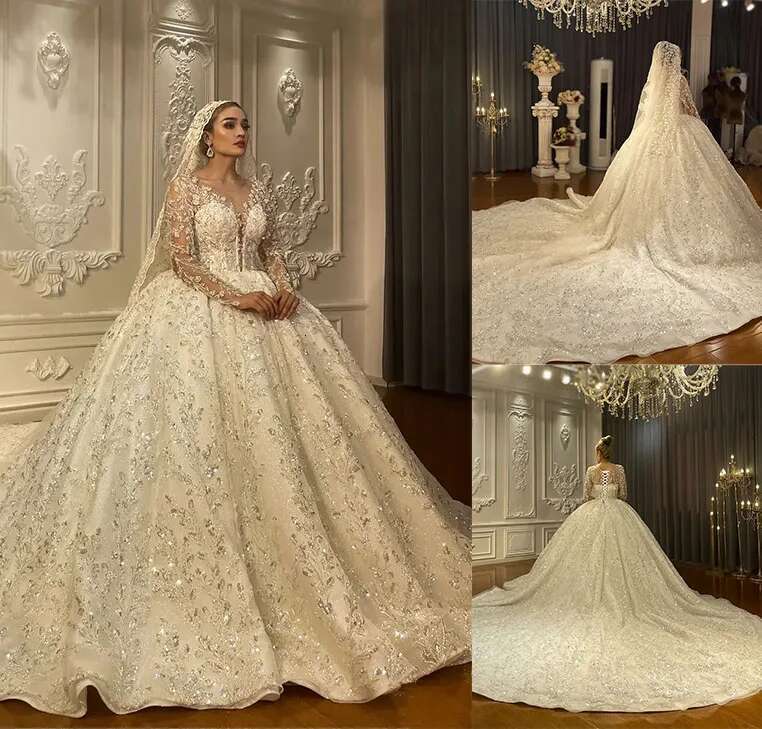 Full Sleeve Lace Arabic Wedding Dresses,uoso Sequin Ball Gown,V Neck Bridal Gown with Detachable Train,Custom Made