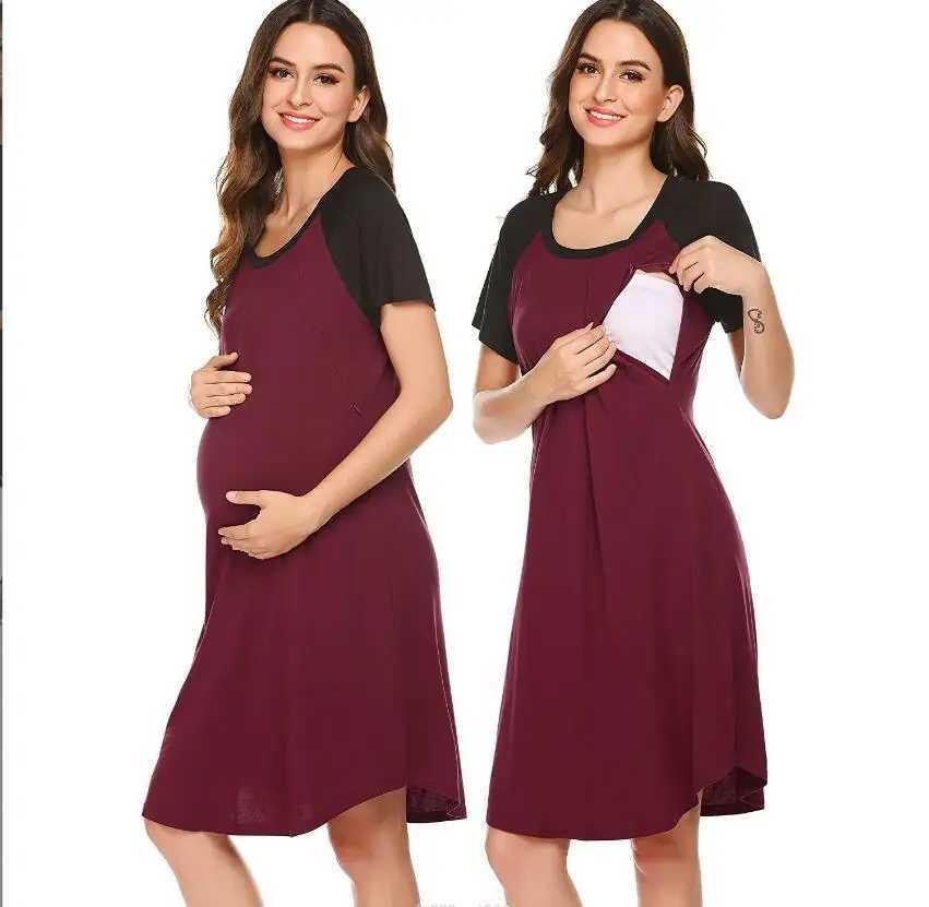Autumn Summer Nursing Color blocking Breastfeeding Dress Nightgown Women Maternity Hospital Gown Breastfeeding Sleepwear DressesT250311