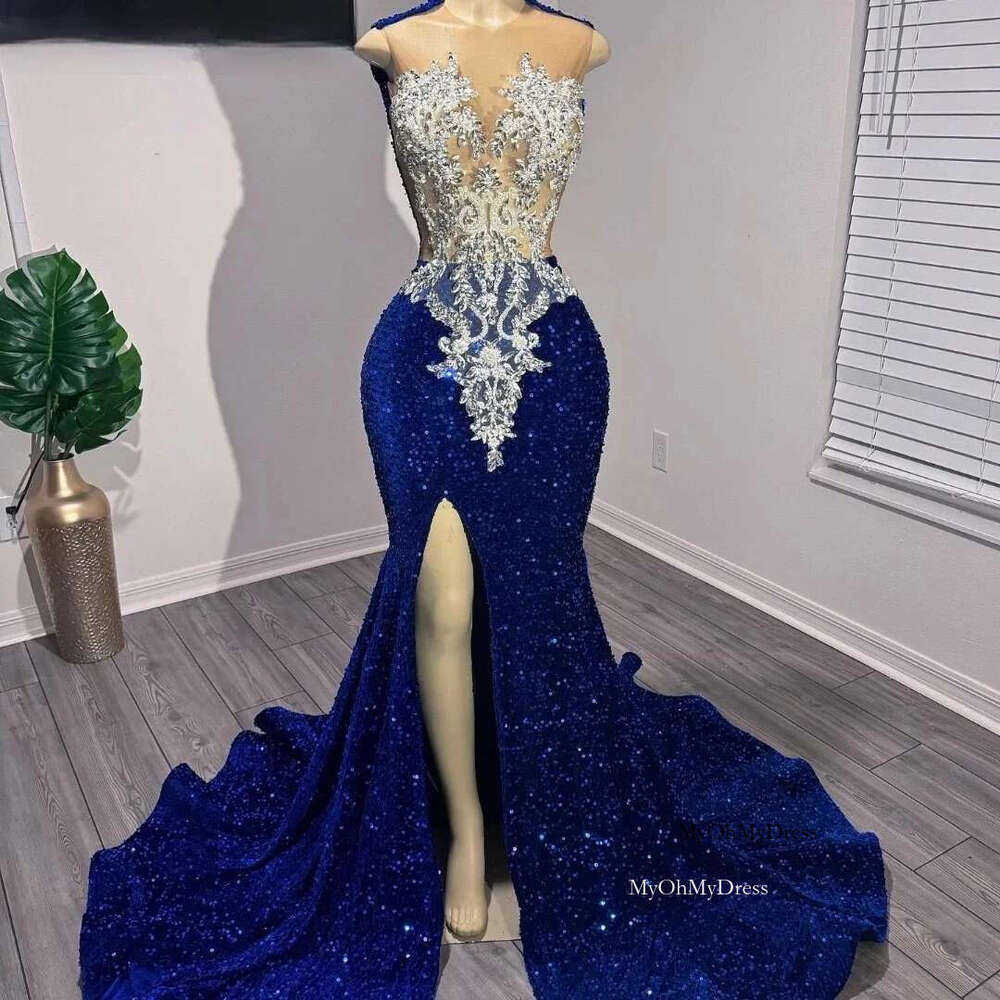 Slit Blue Long Prom Dress For Black Girls Mermaid Sequins Crystals Birthday Party Dresses Women Evening Gown Customized al0311