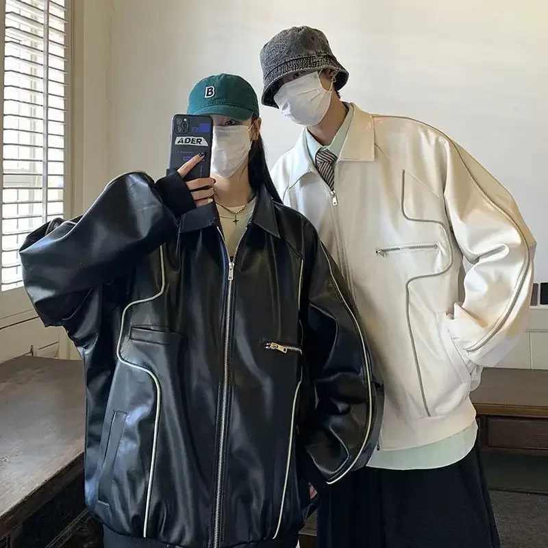 American Vintage Up Leather Jacket Autumn New Street Trend Lapel Coat Men Hip Hop Harajuku Punk Casual Loose Motorcycle JacketT250311