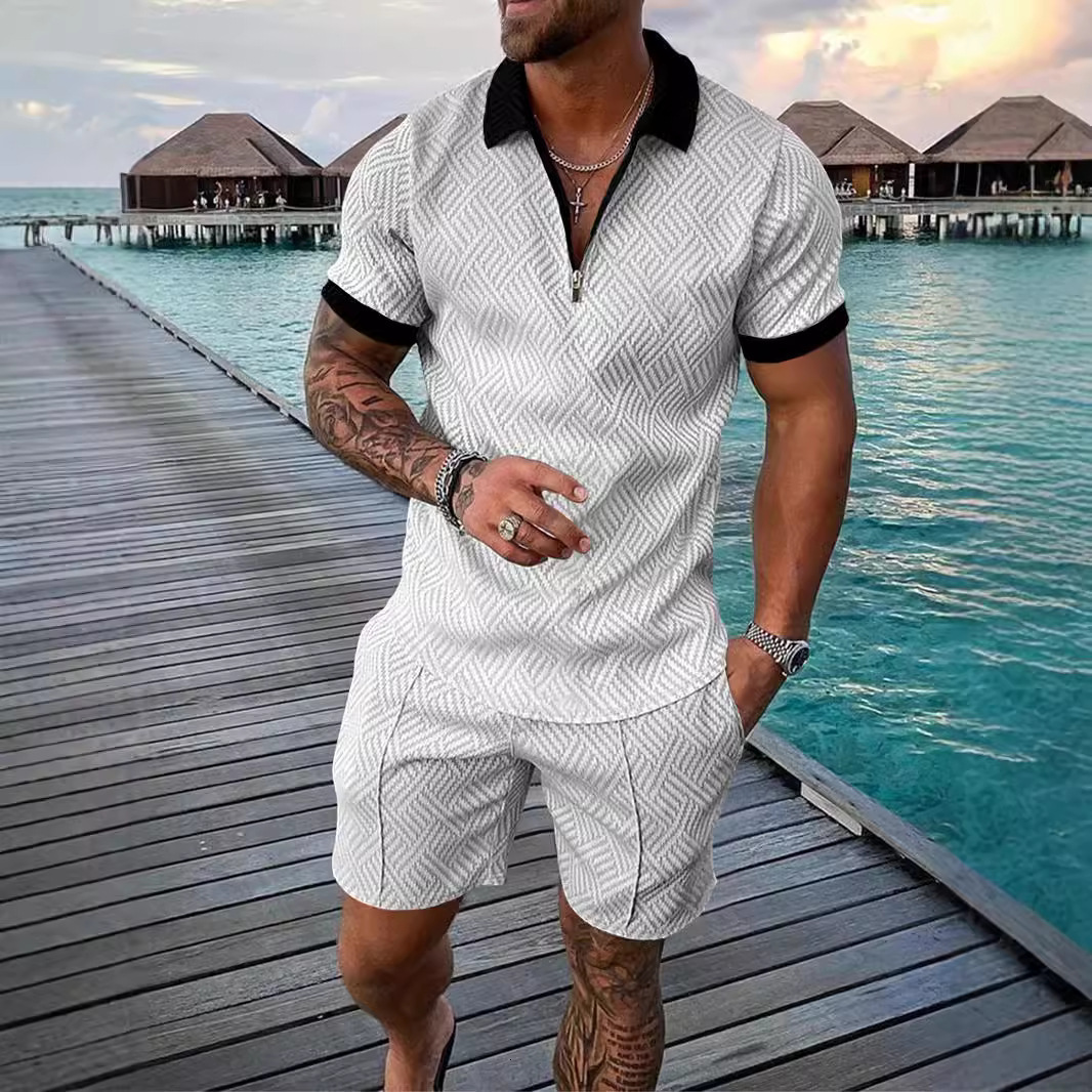 2024 mens new casual contrasting POLO zipper lapel shirt short sleeved set