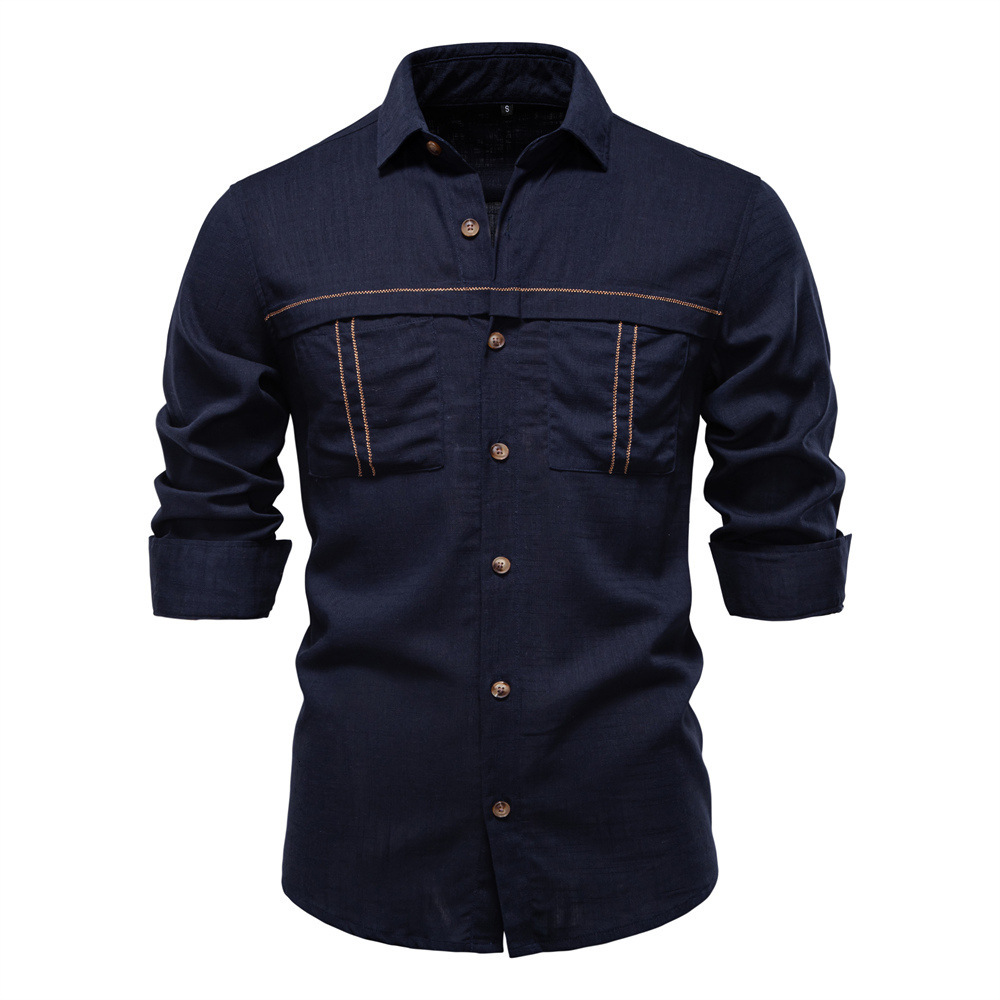 2025 Spring And Summer New Men's Casual European Size Solid Color Pocket Decoration Long Sleeve Shirt For Men