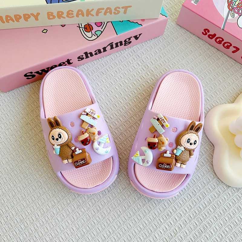 New Popular Cartoon Coffee Labubu Versatile Eva Slippers for Boys and Girls Fashionable Double Soft-Soled Non-Slip SandalsT250311