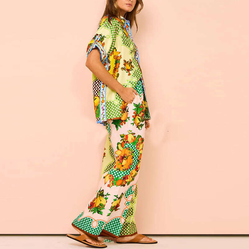 2025 Style Commuting Printed Color Blocked Short Sleeved Shirt, Wide Leg Pants, Spring Women's Suit KLMY