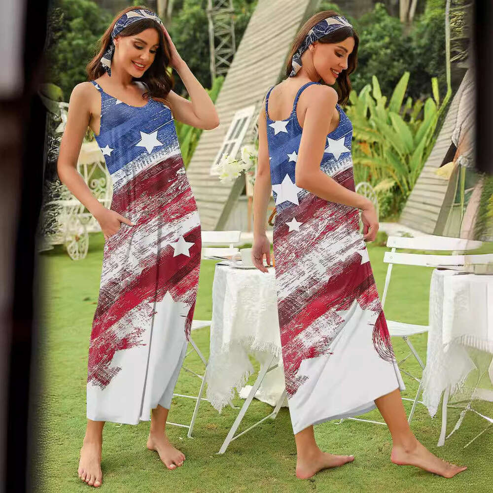 Summer European American Flag Printed with Strap Pocket Fashionable Women's Dress 2025 New Style Unique and Elegant Clothing