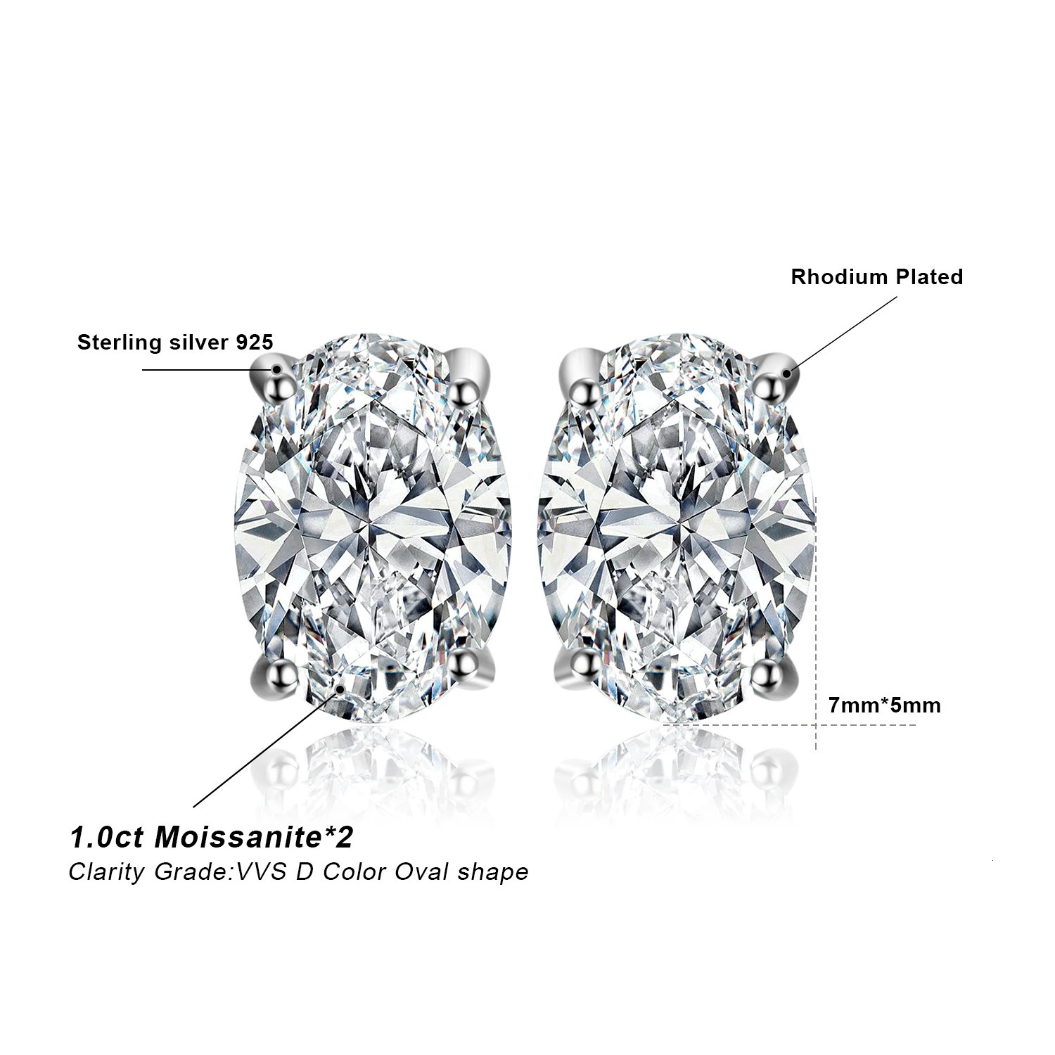 Jewelry D Color Total 2ct Oval 925 Sterling Silver Stud Earrings for Woman Fine Jewelry Yellow Rose Gold Plated 250213
