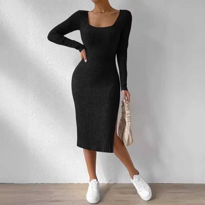 Maternity Dresses Fashion Pregnancy Autumn Winter Square Collar Close-fitting Women Clothes Long Sleeves Elegance Split DressT250311