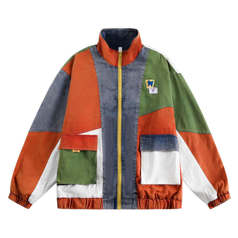 American Fashion Brand Spliced Contrasting Color For Men's Spring And Autumn 2024 New Design Sense Stand Up Collar Jacket Loose Niche Top