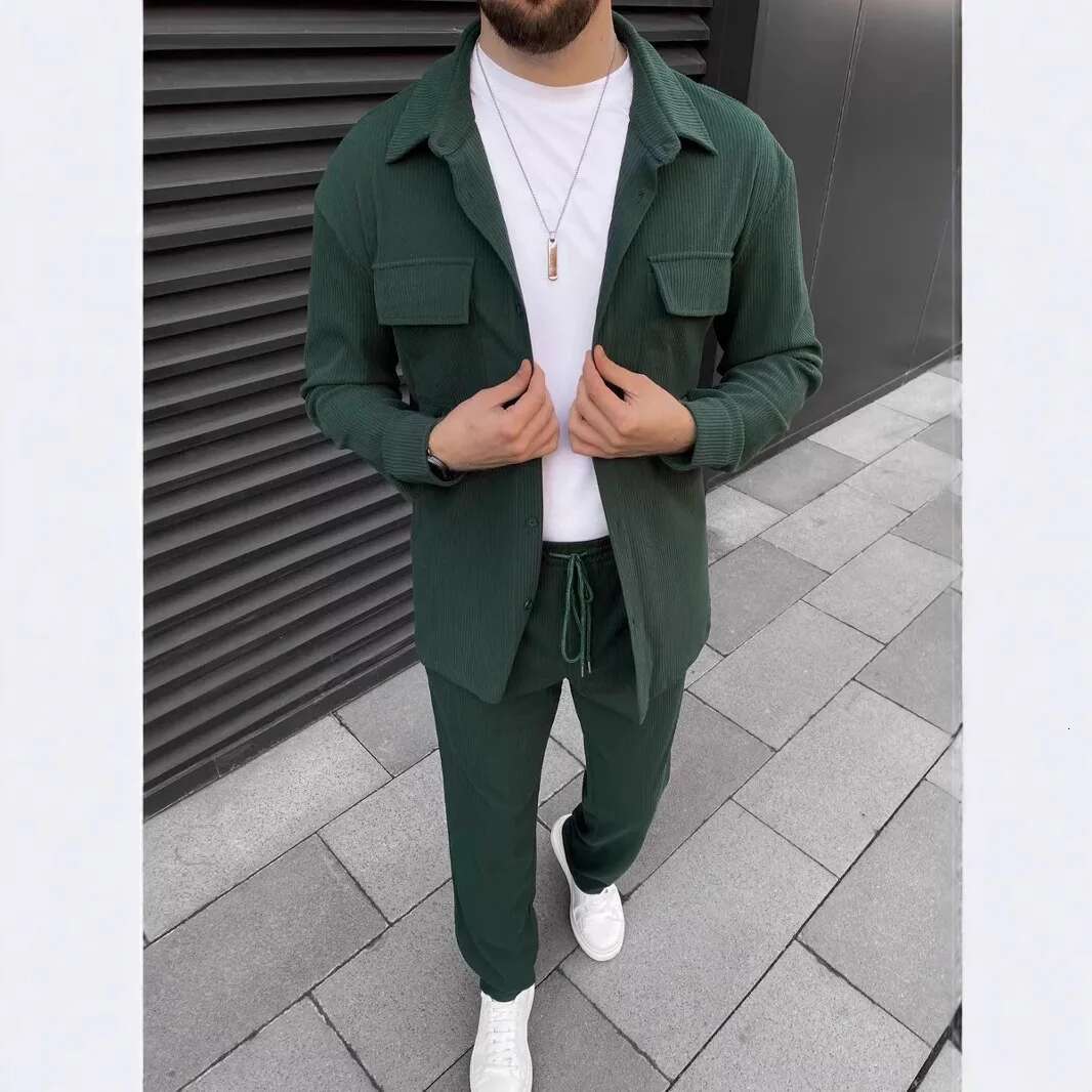 Men Corduroy Two Piece Sets Solid Long Sleeve Lapel Button Slim Coats & Pants Fashion Cargo Casual Trend Streetwear Mens Suits