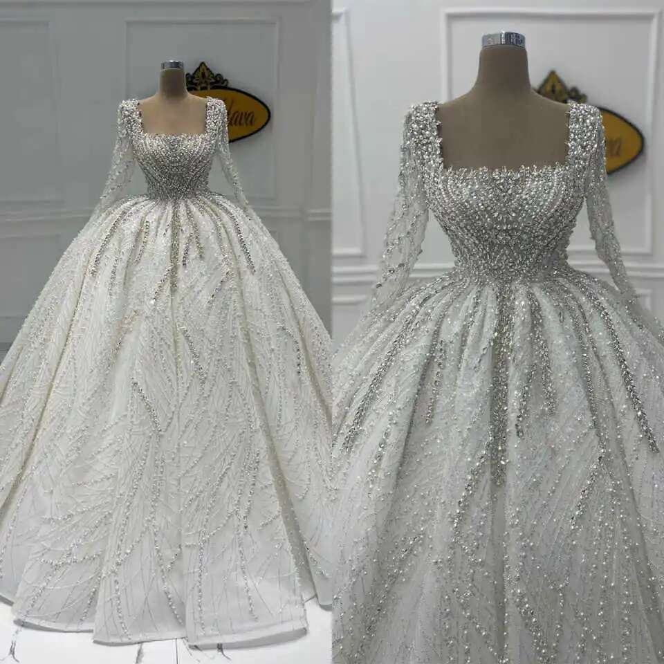 Exquisite beading dress graceful illusion long sleeve custom wedding dresses crystal pearls robe de