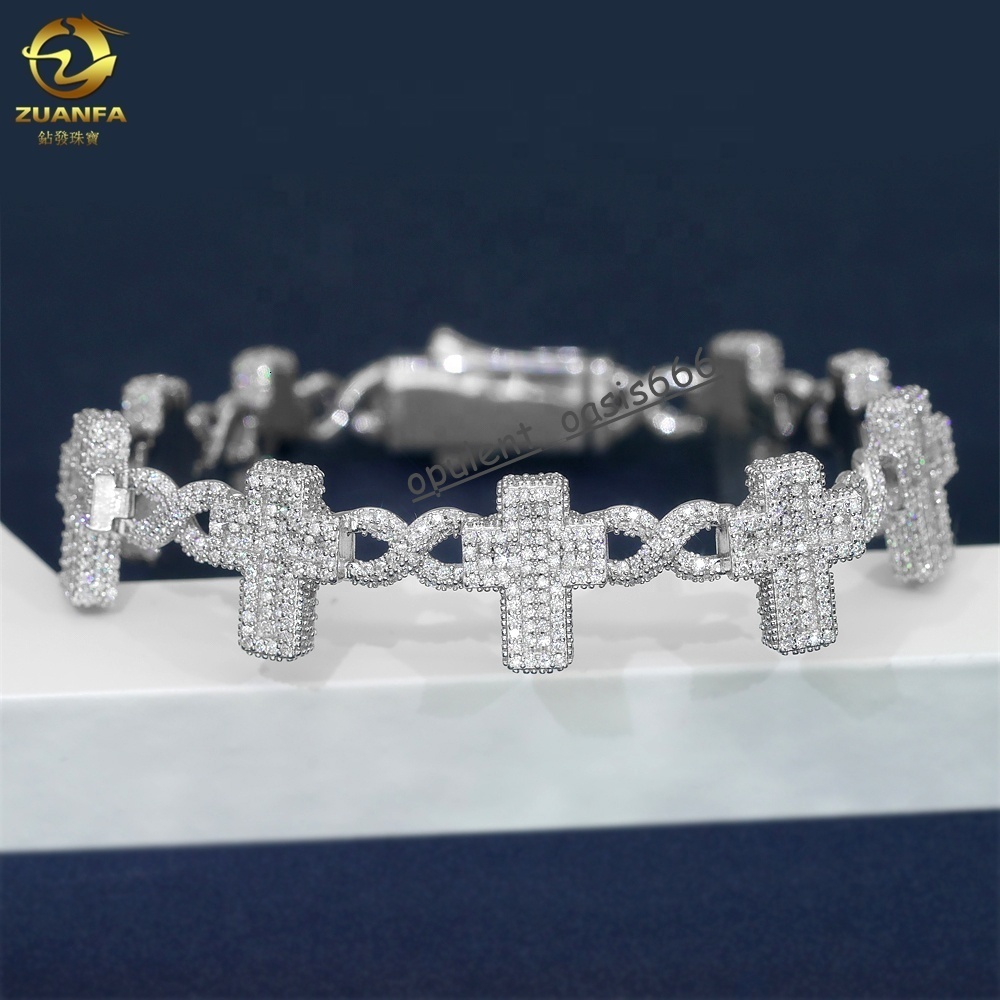 New Design 8mm-16mm Width 925 Solid Silver Iced Out Hip Hop Jewelry VVS1 Moissanite Diaomnd Cuban Link Chain Cross Bracelet Men