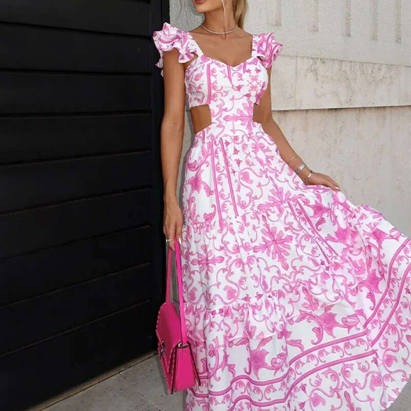 2025 Women's Elegant Flying Sleeve Printed Hollow Waist Dress Female 661 KLMY