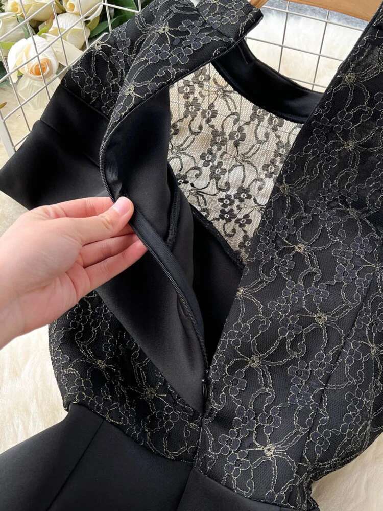 XFPV Women's A-E Splice Irregular Party Dress 2025 Spring Summer Fashion Short Sleeved High Waist Black Evening Dresses Sm003