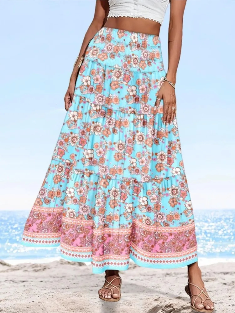 Summer Bohemian printed womens leather elegant high waisted pleated long skirt casual beach style fashionable clothing 250311
