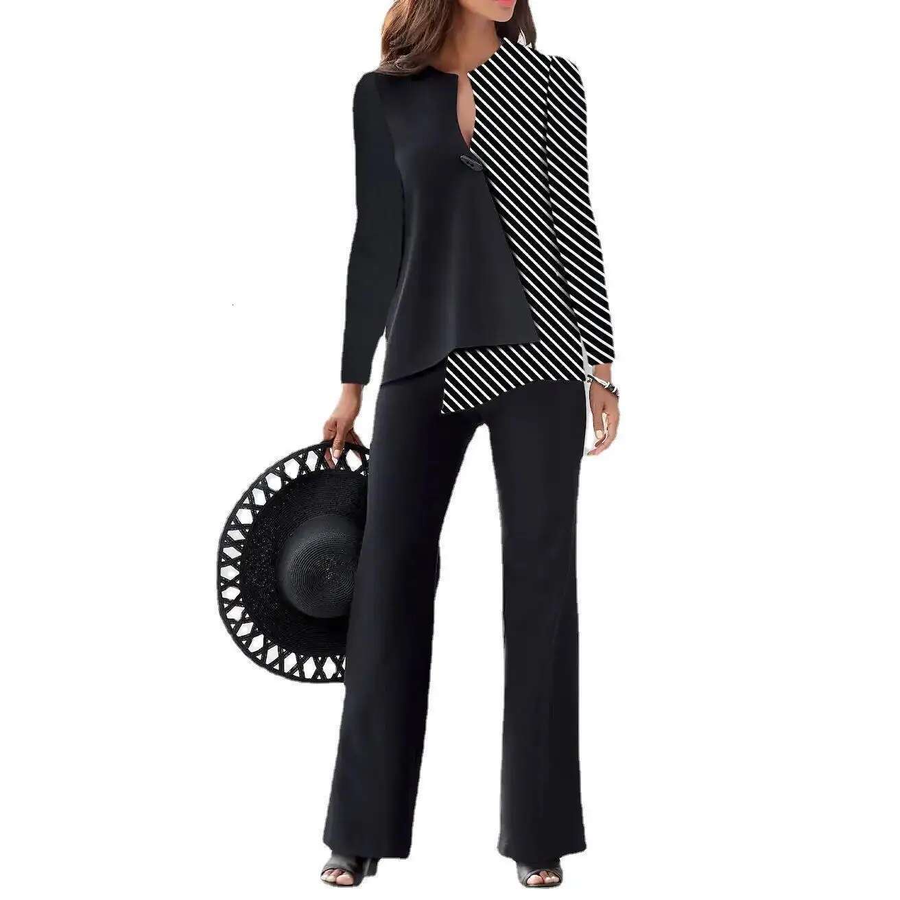2 Pieces Suit Casual Colorblock Long Sleeve Top And Wide Leg Pants Set Spring Fashion V Neck 3D Print Women's Clothing