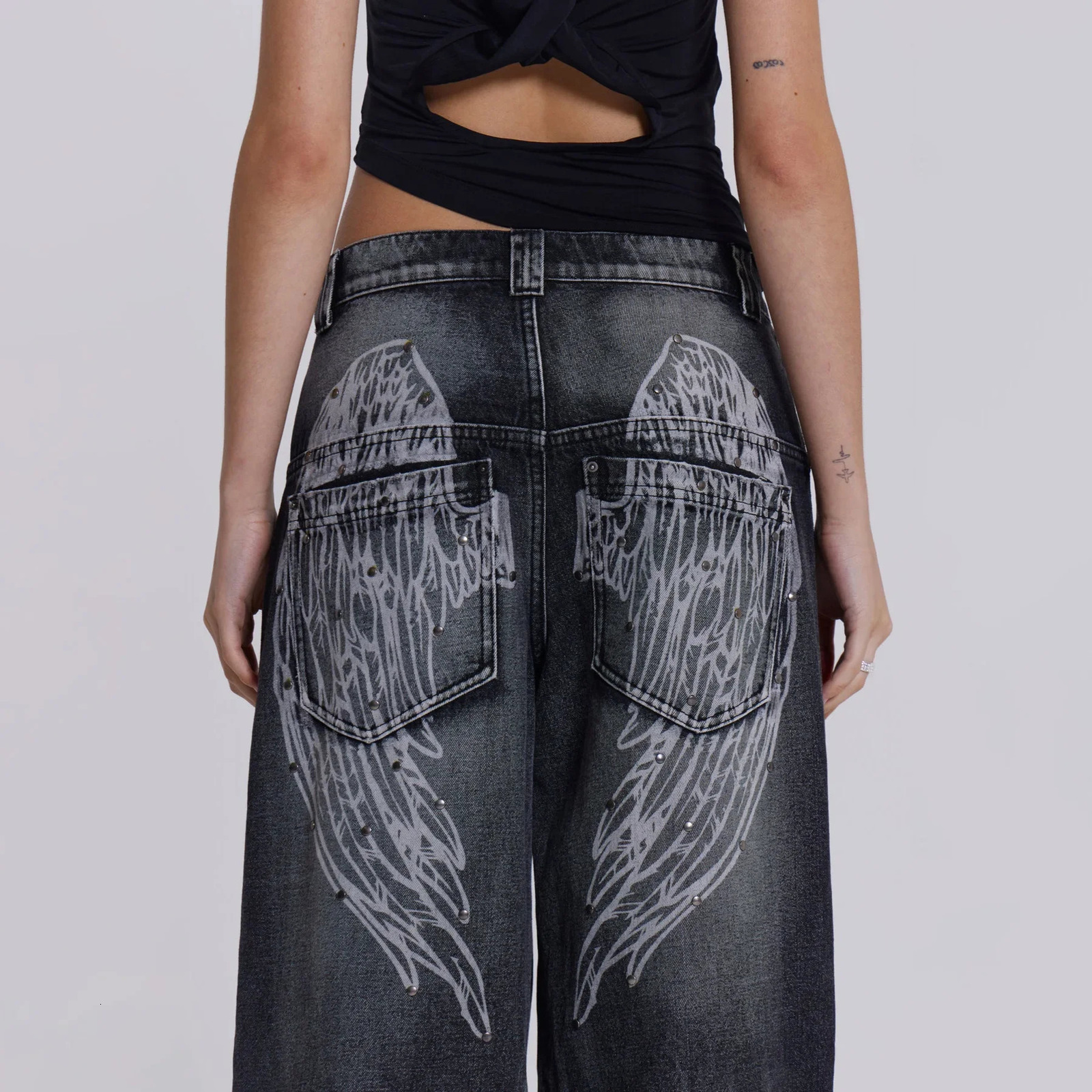 Vintage Streetwear Cropped Studded WideLeg Casual Jeans Loose Fit Fall Winter High Street Back Wing Printing Denim Pants 250311