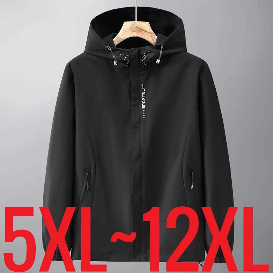 Big Size Mens Windbreaker Black Hooded Zip-up Spring Jacket Men Windproof Waterproof Wind Breaker Male Coat Outerwear 12XL10XLT250311