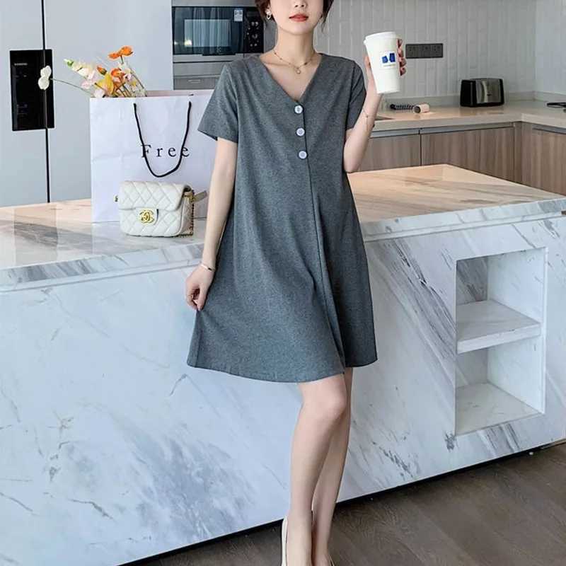 Summer Fashion Maternity Short Sleeves Long Dress Elegant A Line Slim Waist Loose Clothes for Pregnant Women Casual PregnancyT250311