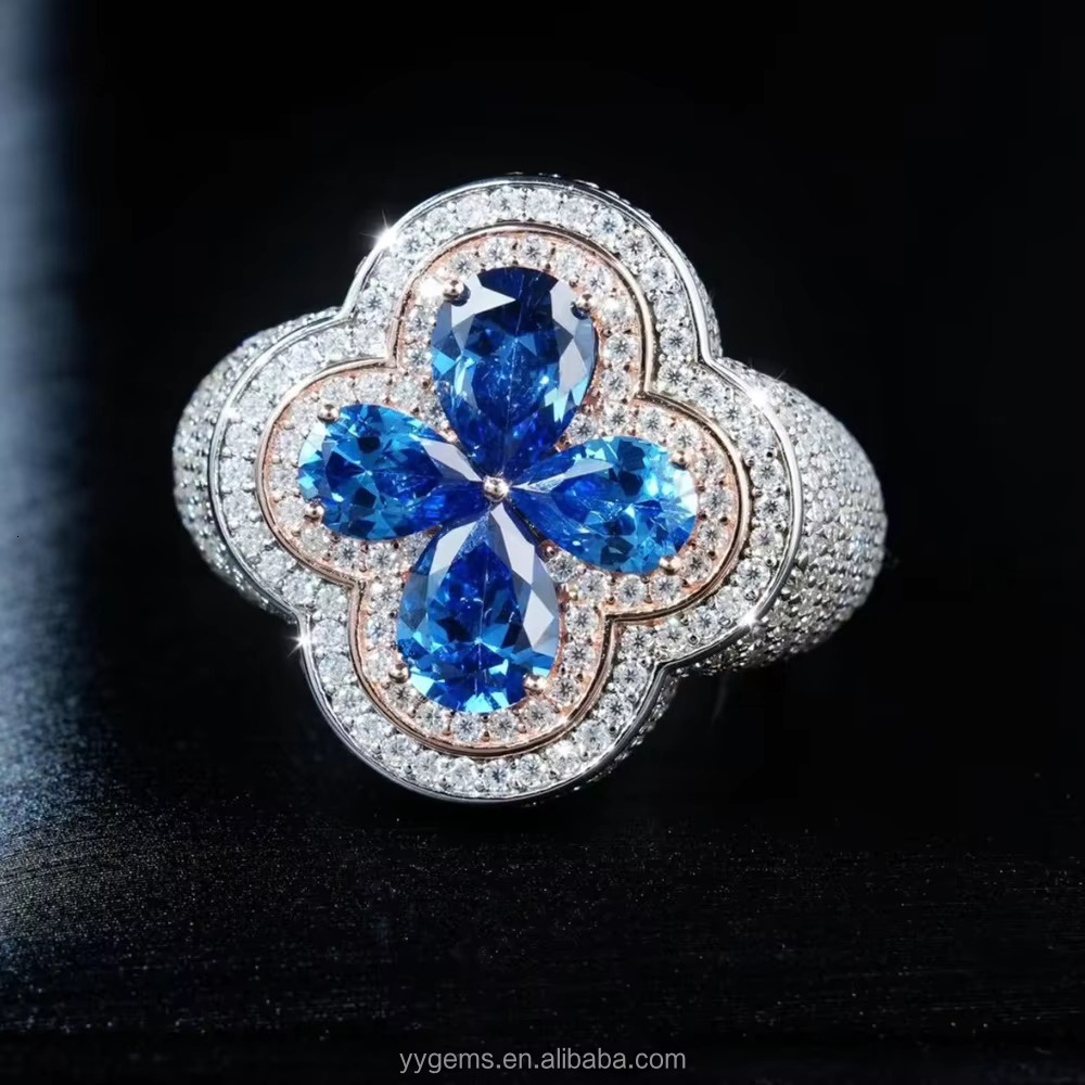 Fashion Four Leaf Clover Ring 925 Sterling Silver pink Blue Green Moissanite Gold Plated Championship Jewelry Rings for Men
