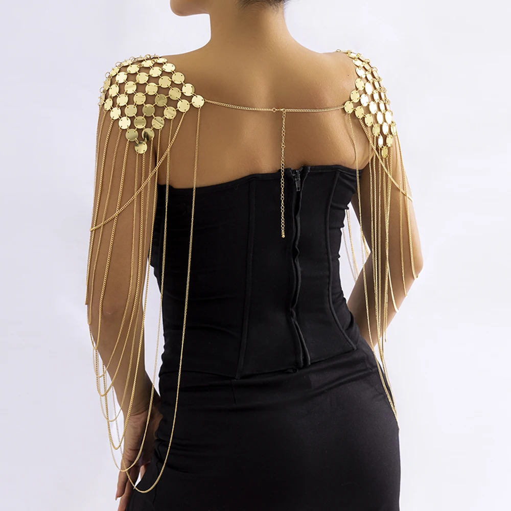 IngeSight.Z Gold Color Metal Chain Sequins Shoulder Body Chain for Women Punk Sexy Harness Tassel Epaulette Shoulder Tops Chain 250303