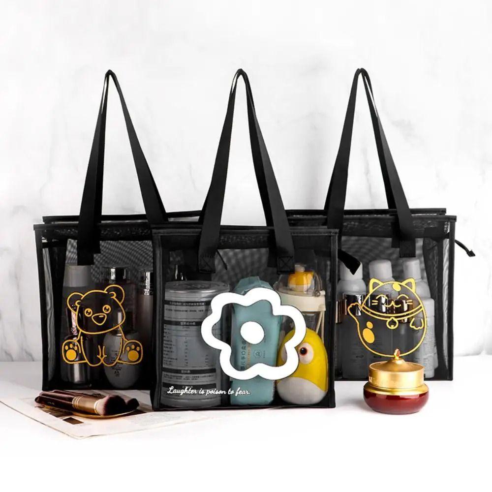 Clear Beach Tote Bag Fashion with Zipper Flower Cartoon Transparent Bag Nylon Mesh Wash Bag Woman R250311