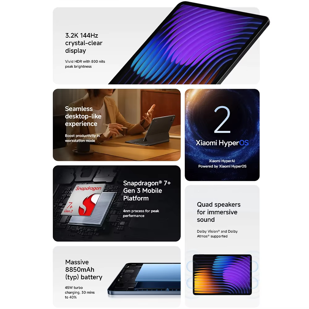 Global Version Xiaomi Mi Pad 7 Tablet PC Snapdragon 7+ Processor 11.2inch 3.2K 144Hz Display 8850 MAh Battery 45W Fast Charging