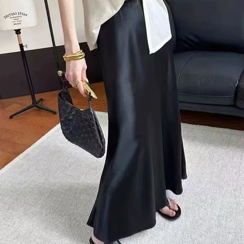 REALEFT Spring Summer Black Stain Mermaid Party Womens Long Skirts High Waist Elegant Wrap Aline Maxi Female 250311