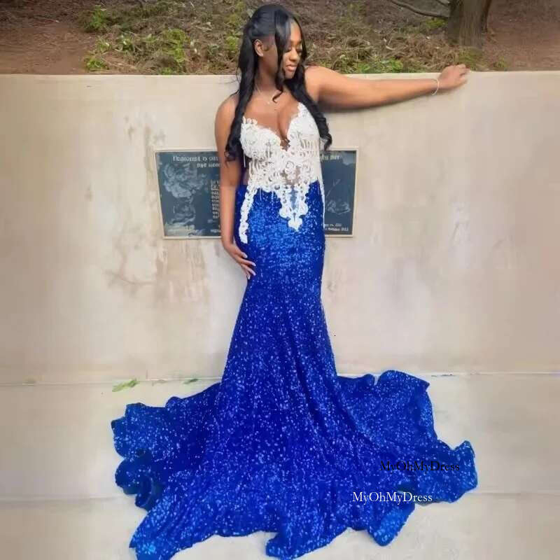 Glitter Rhie Royal Blue Prom Dresses For Black Girls Mermaid Formal Ocn Women Sequin Long Party Gowns 2025 Customized