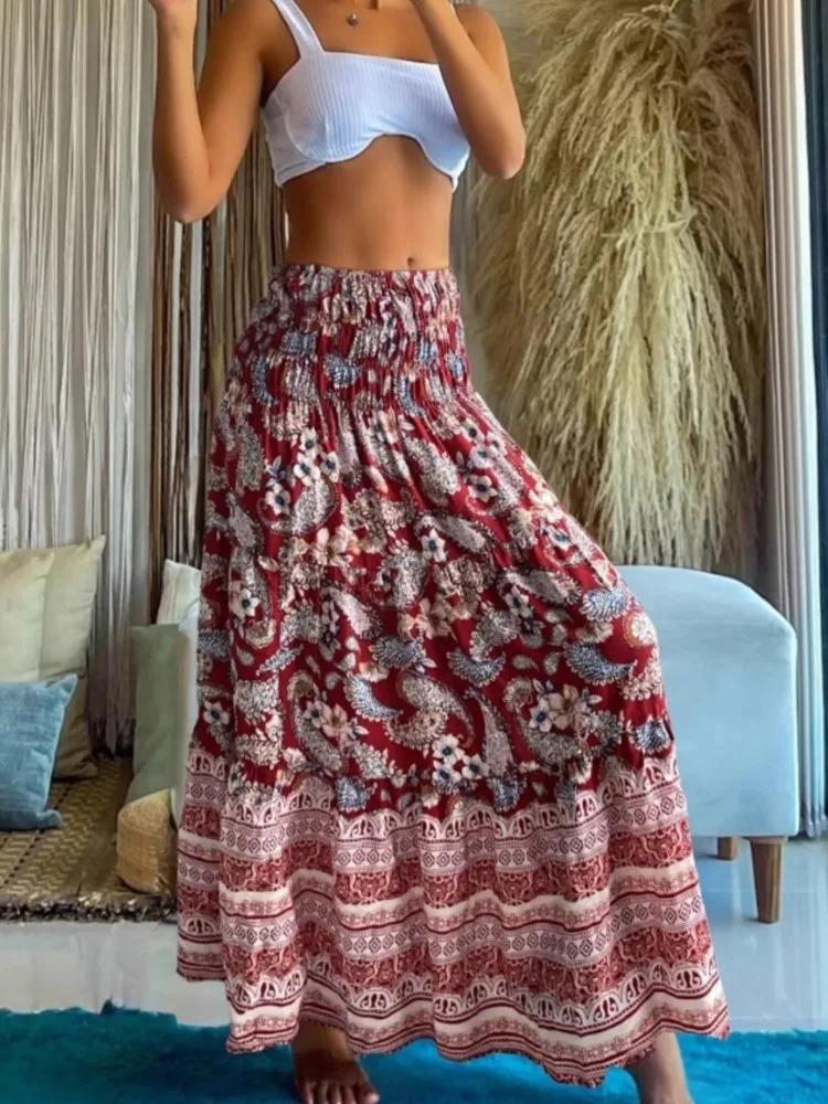 Summer Bohemian printed womens leather elegant high waisted pleated long skirt casual beach style fashionable clothing 250311