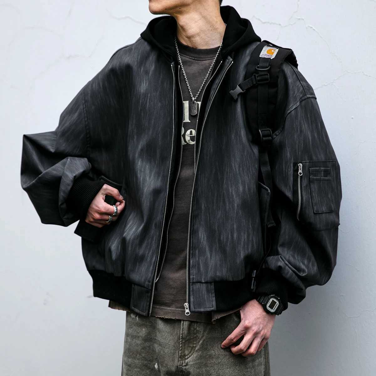 American Streetwear Fake Two Pieces Hooded Jacket Men Clothing Harajuku Casual Leather Jacket Kpop Vintage Oversize Coat MaleT250311