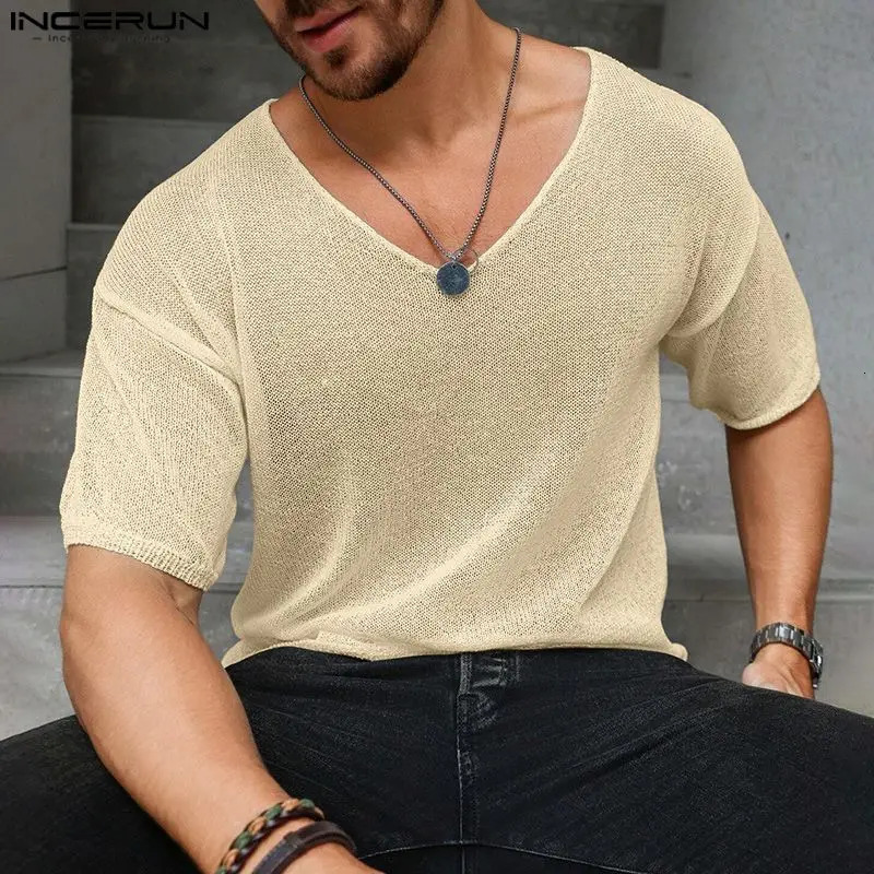 INCERUN Tops Fashionable Men Vneck Slightly Transparent Tshirts Casual Well Fitting Male Short Sleeved Shirt S5XL 250311