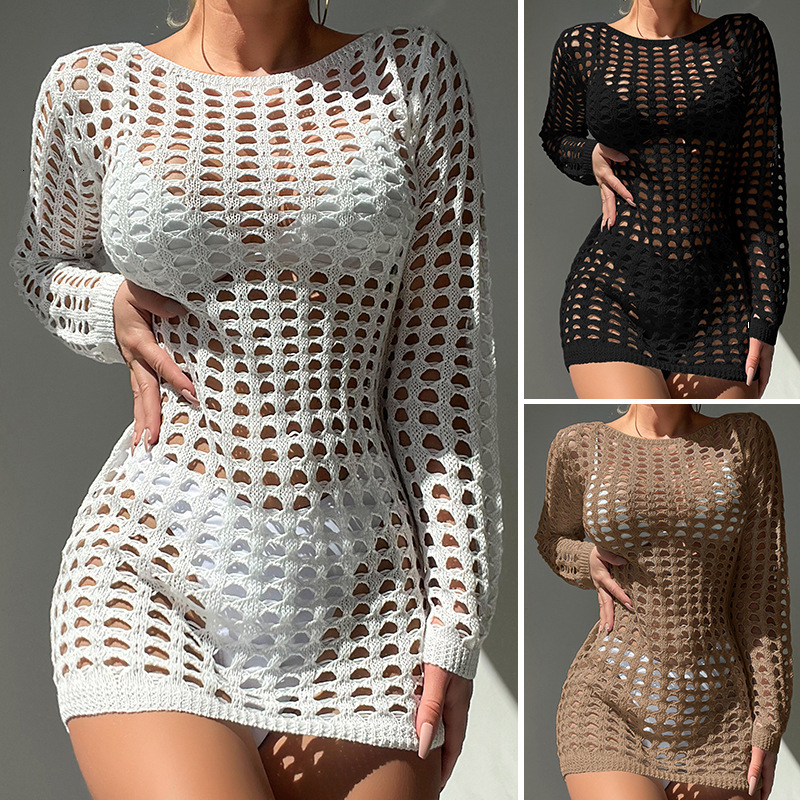 New Sexy Slim Fit Checkered Texture Pullover With Hollowed Out Beach Sun Protection Bikini Cover