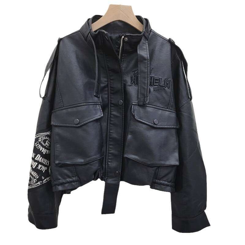 2024 Spring And Autumn New Western Style Motorcycle Jacket Printed High Waist Look Slimming Water Washed PU Leather Outer Cover Trendy