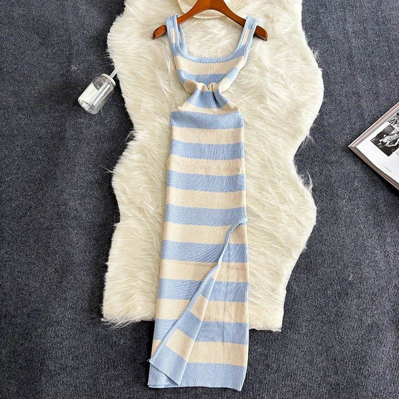 Stripe Summer Elastic Split Bodycon Dress Sexy Beach Vacation Sundress Women Casual Slim Pencil Dresses Maxi Long 250311