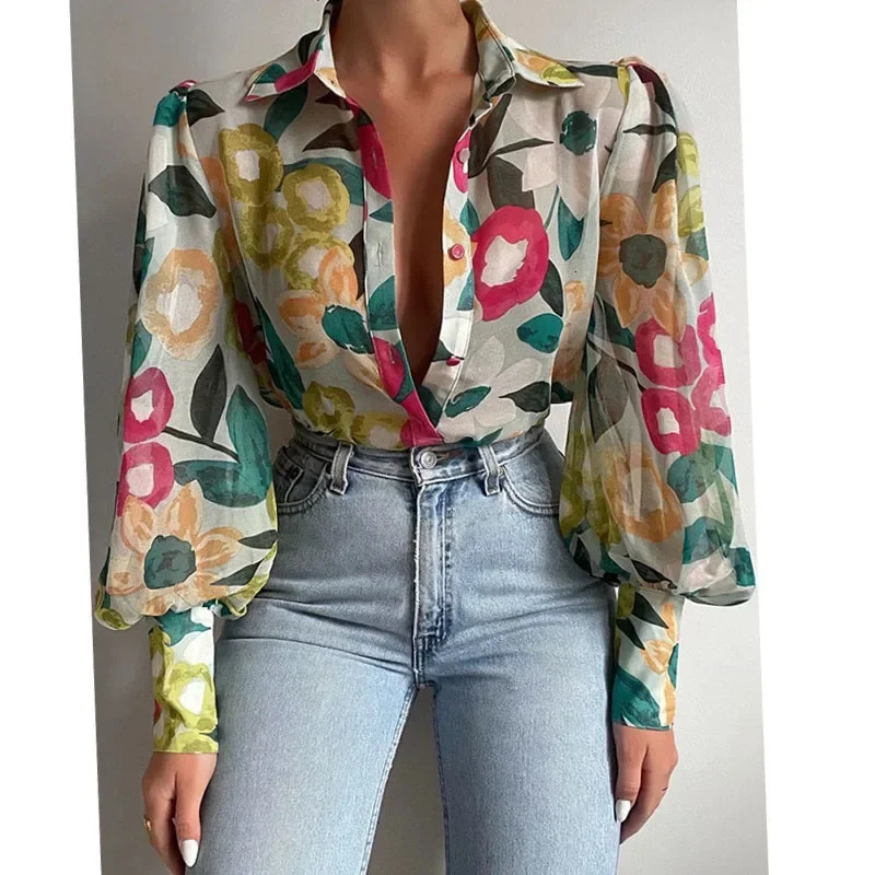 Fashion Lapel Lantern Sleeve Blouses Spring Office Lady Vintage Floral Print Shirts Tops Button Up Long Shirt 21620 250310