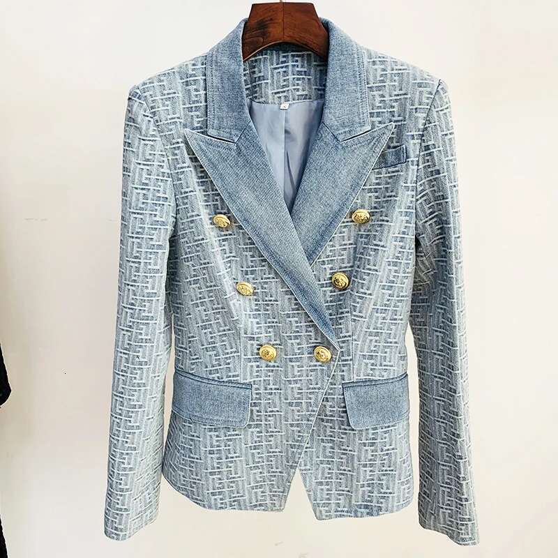 HIGH STREET Newest 2024 Designer Jacket Women's Double Breasted Lion Buttons Monogram Jacquard Denim Blazer
