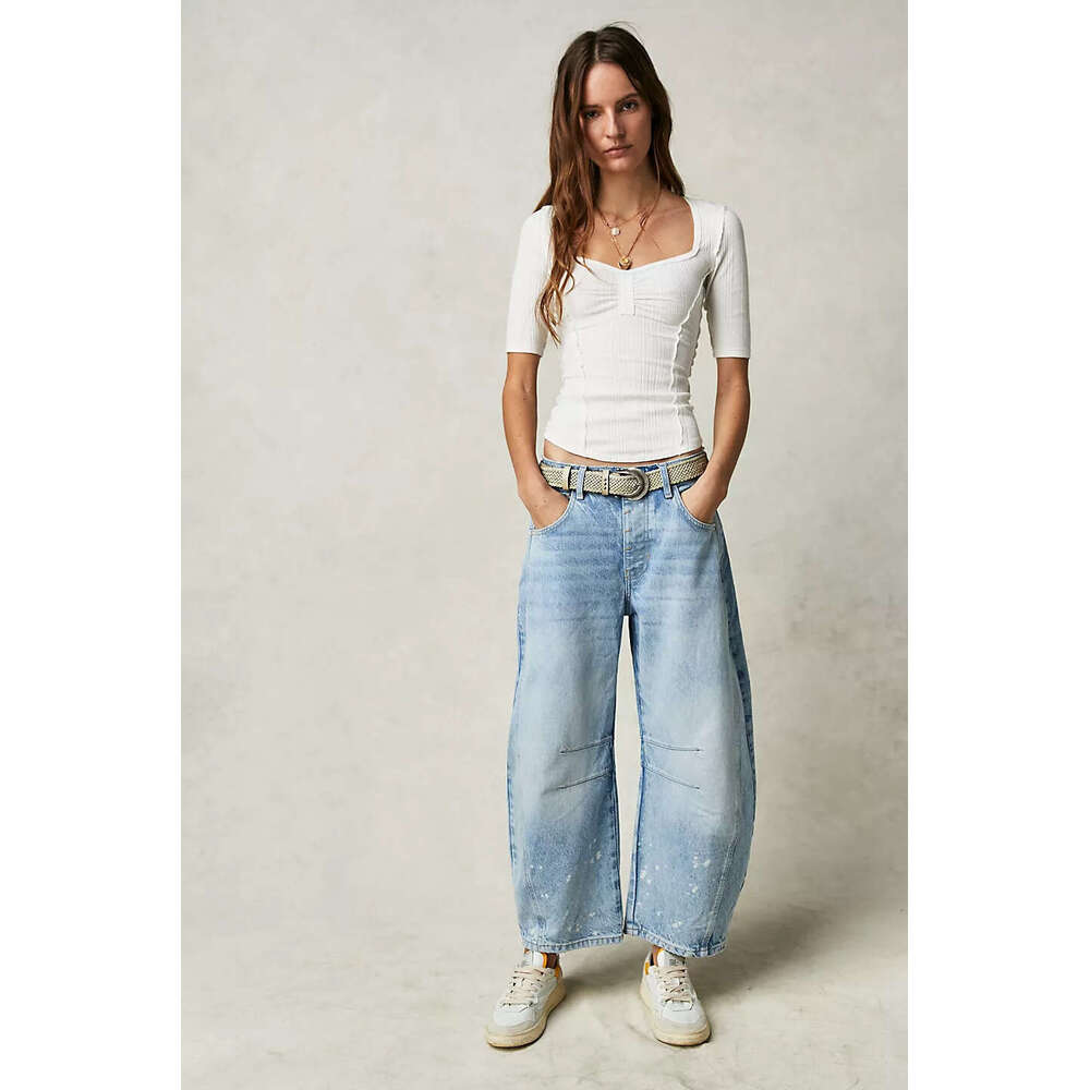 European and American fashionable women's loose wide leg mid waist washed denim pants, 2025 new casual versatile fashion clothing