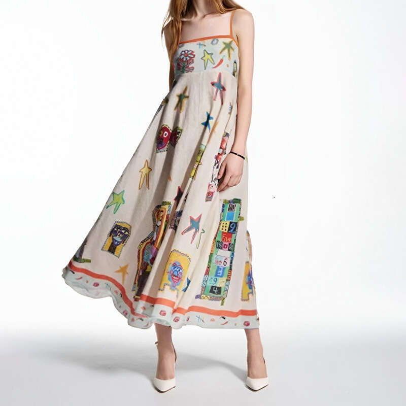 Women's 2025 Summer New Sexy Strap Skirt Graffiti Printed Large Pendant Dress For Women KLMY