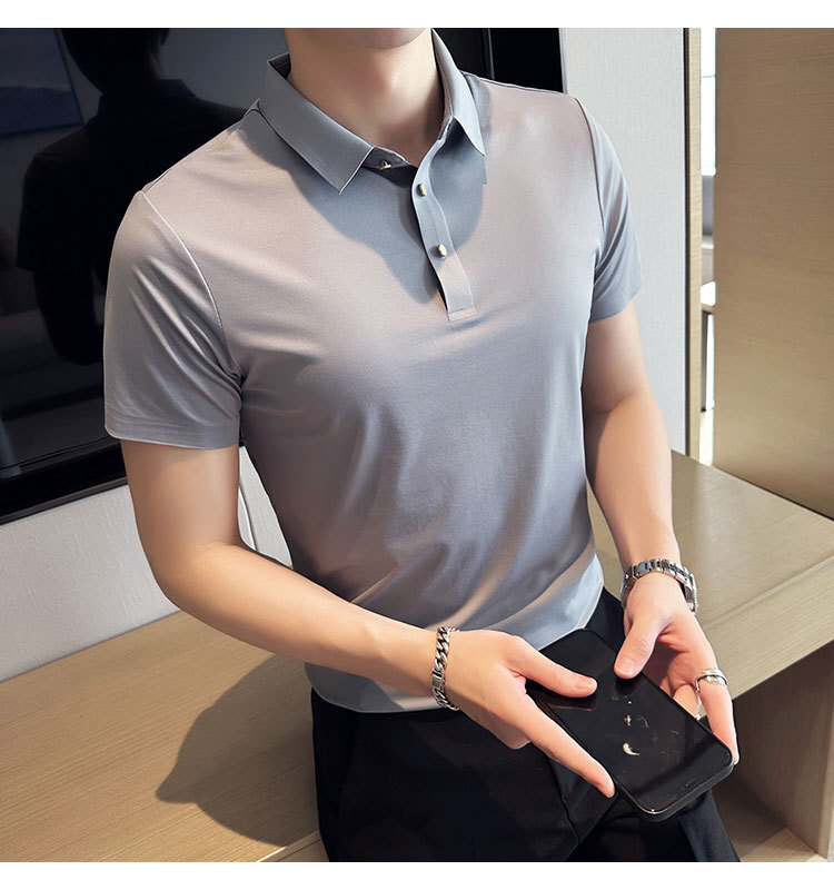 Short sleeved polo shirt business casual, light luxury men's clothing, no iron ice silk trendy T-shirt for men, summer solid color tracksuit