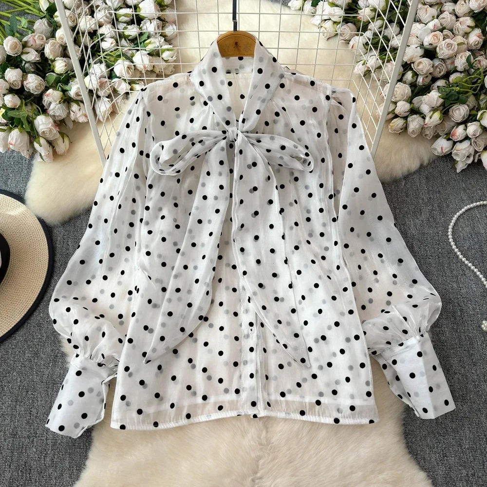 Spring Summer Women Vintage Lantern Long Sleeve Shirt Bow Lace Up Collar Polka Dot Print Loose Tops 250310
