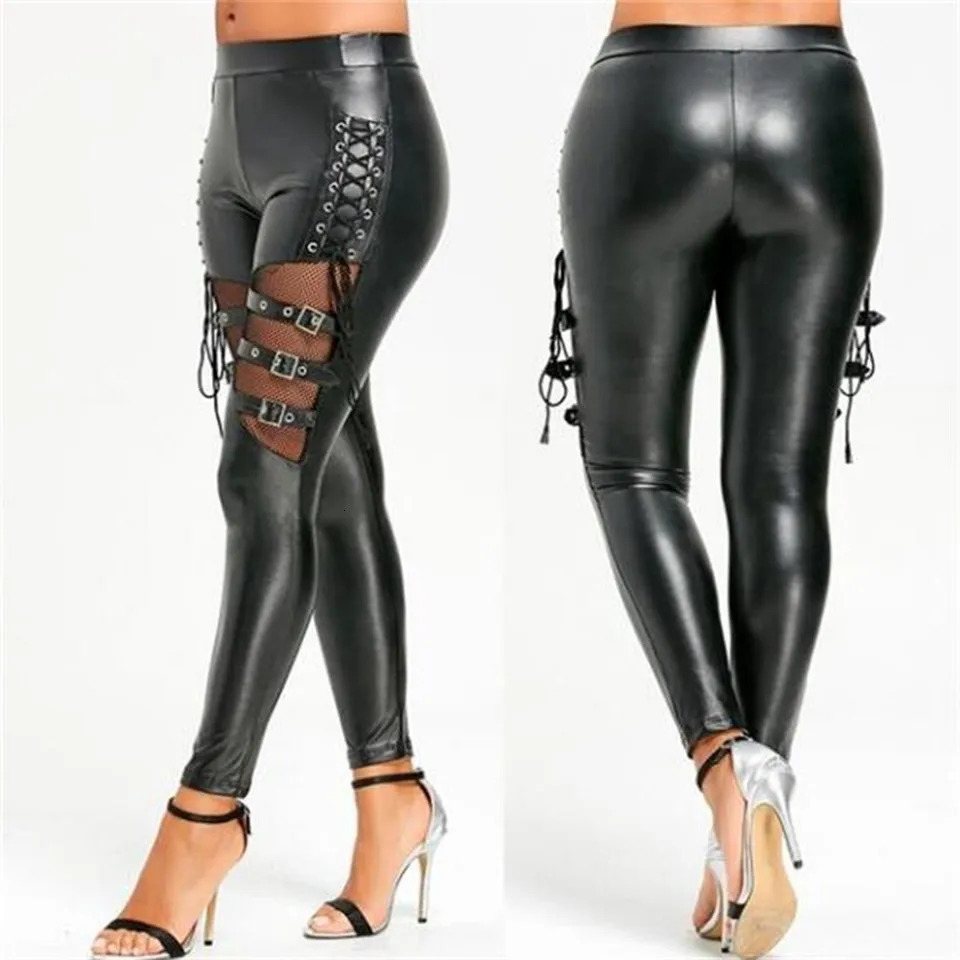Womens pants PU leather ultrathin club pants gothic punk pants fishnet decorative pants pencil pants 250305