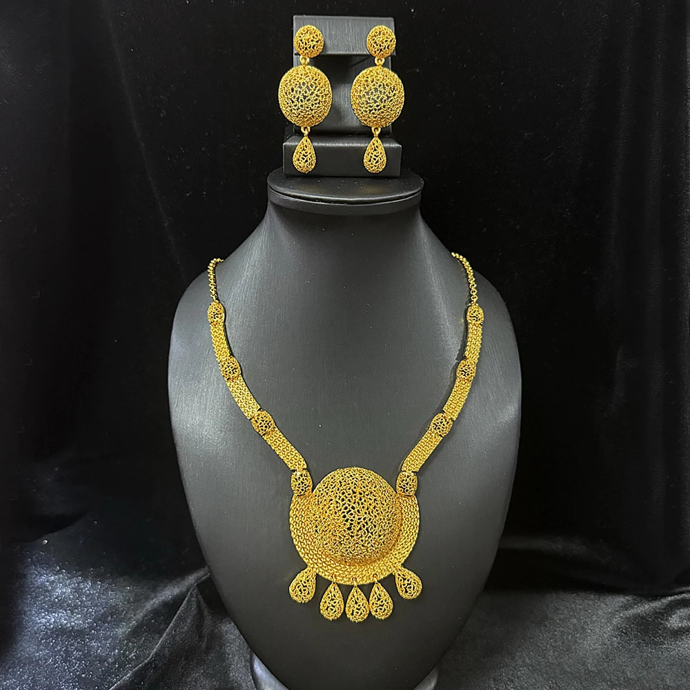 Dubai 24K Gold Long Jewelry Set Wedding African Necklace Earrings Nigerian Women Indian Bridal Party Gift 250311