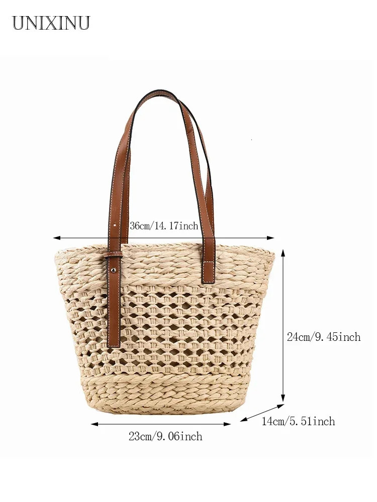 Summer Handwoven Straw Beach Tote Bags for Women Vintage Hollow Out Handbag Basket Rattan Vacation Shoulder Bag 250311