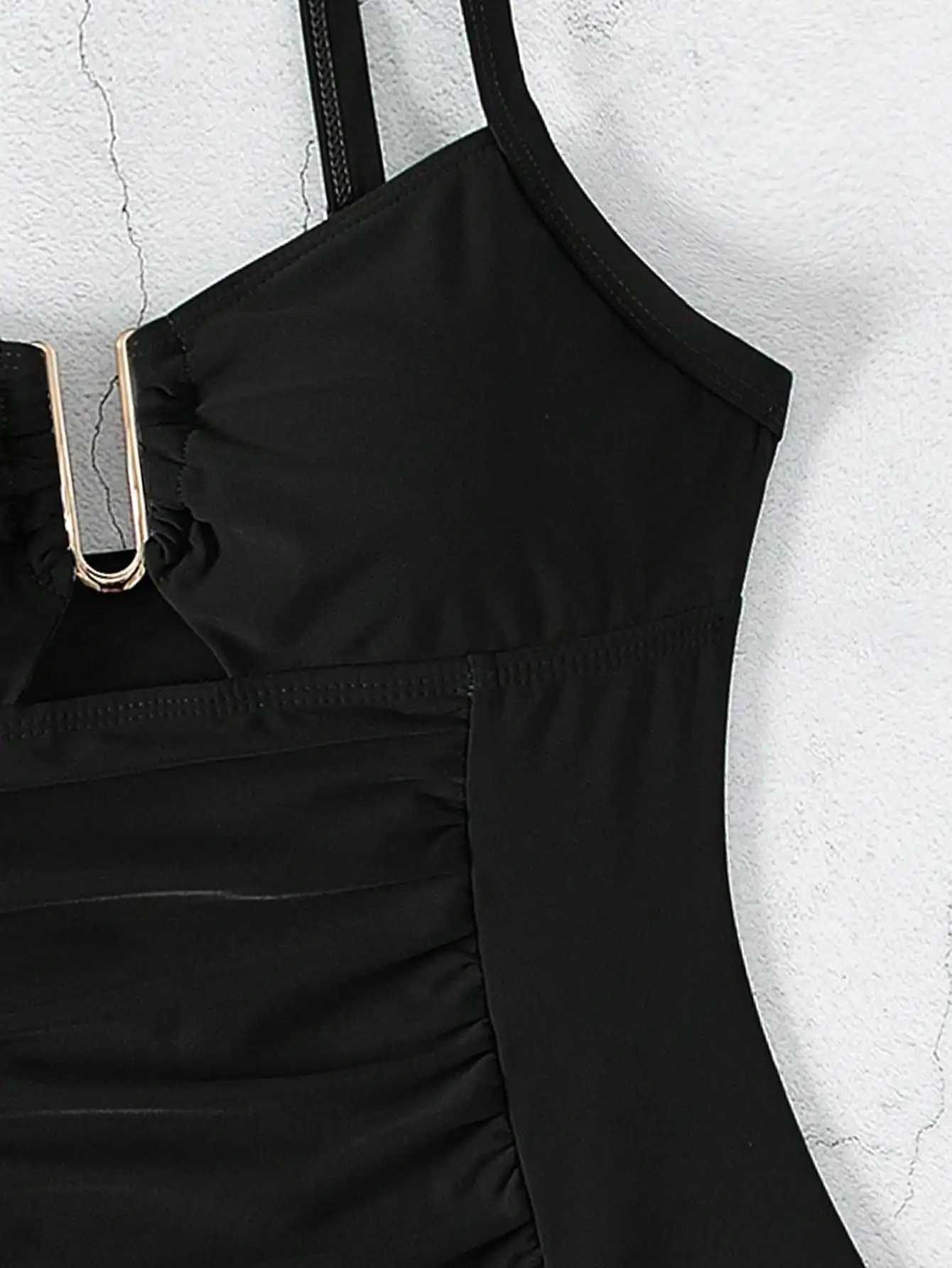Summer black camisole one-piece swimsuit with front tie;T250310