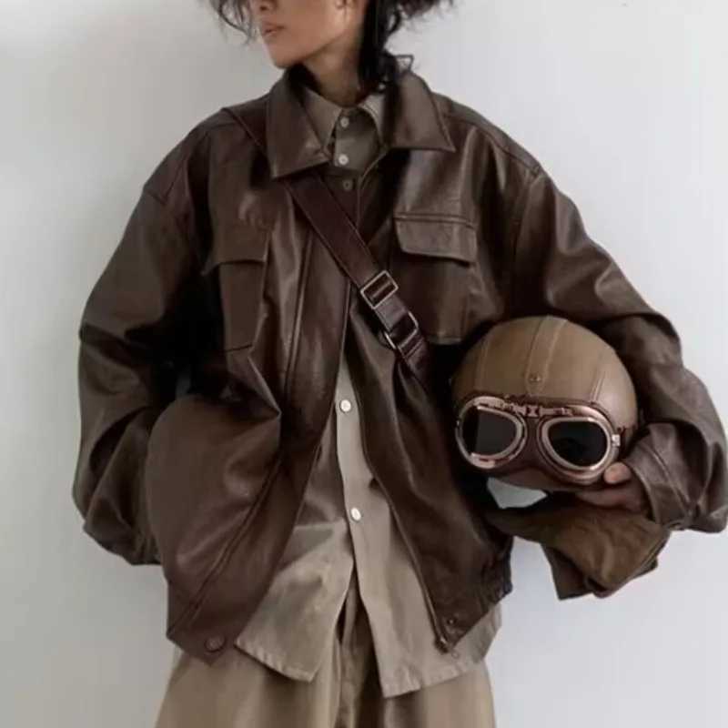 Motorcycle Leather Jacket Men Bomber Pilot Retro Loose Pu Short Coat Japanese Casual Streetwear Multi Pocket Trend Outwear NewT250311