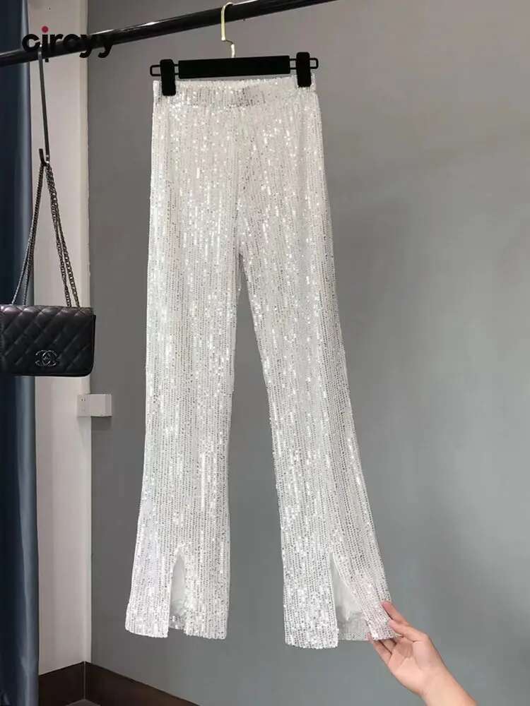 Pants Woman Elastic Waist Sequins Slit Cut Wide Leg Trousers Shiny Full Length Straight Female High Street 2023 New