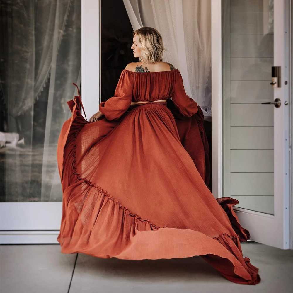 Comfortable Linen Cotton Two-Piece Set Long Sleeved Short Top With Lace Up Floor Mop Dress Bohemian Style Maternity Photo Dress X250224